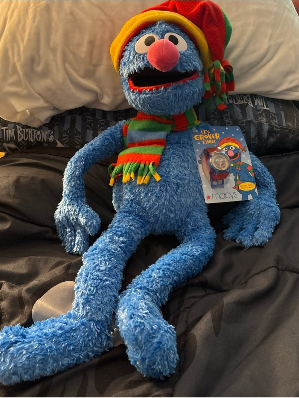 Macy's Blue Grover Plush with Red & Green Holiday Hat and Striped Scarf - Picture 3 of 10